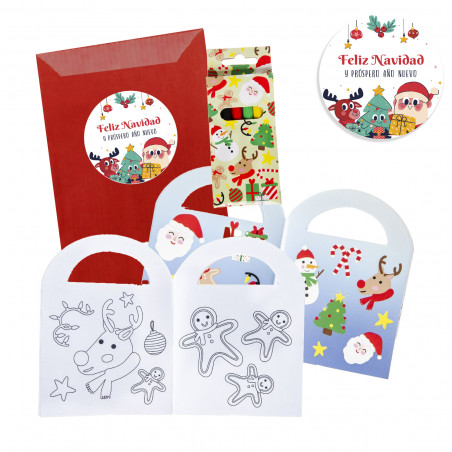 Libro de navidad para colorear con pegatinas y lápices en sobre kraft con adhesivo personalizable