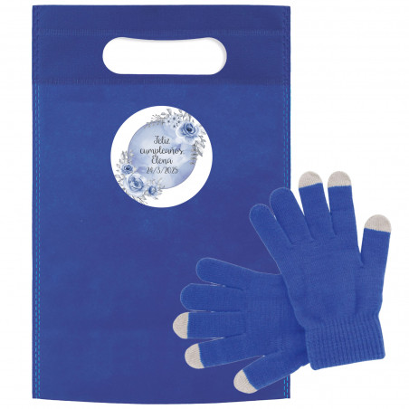 Guantes táctil azul en bolsa metalizada con adhesivo personalizable y editable a juego