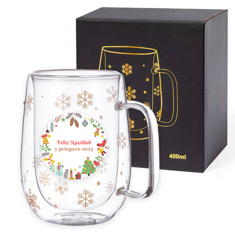 Taza térmica de cristal navideña con adhesivo decorativo personalizable para regalar