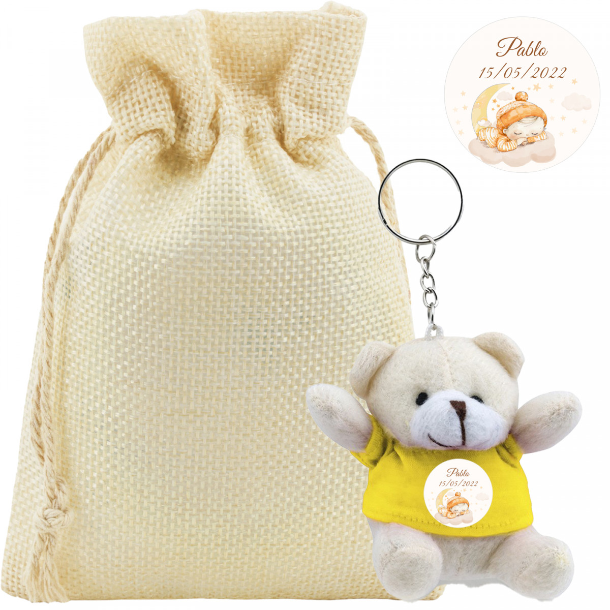 Llavero de peluche personalizado en bolsa de tela para bautizos