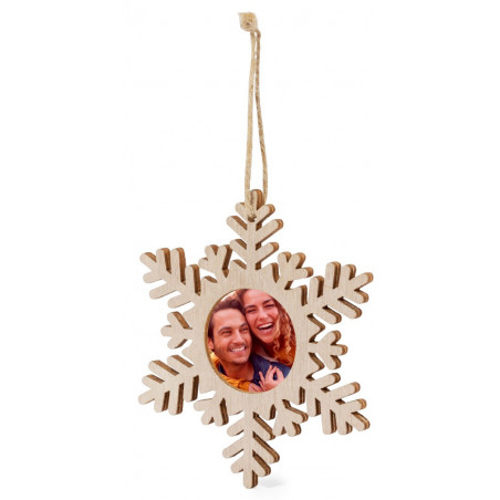 Adorno de Navidad con foto con forma de estrella de madera en sobre kraft con adhesivo navideño