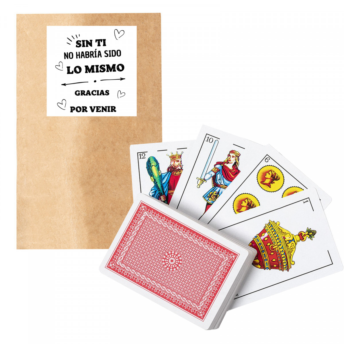 Baraja de cartas española con sobre y adhesivo de agradecimiento para regalar