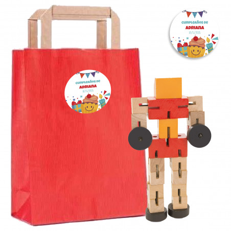 Juego de habilidad transformer de madera en bolsa kraft roja y adhesivo para cumpleaños