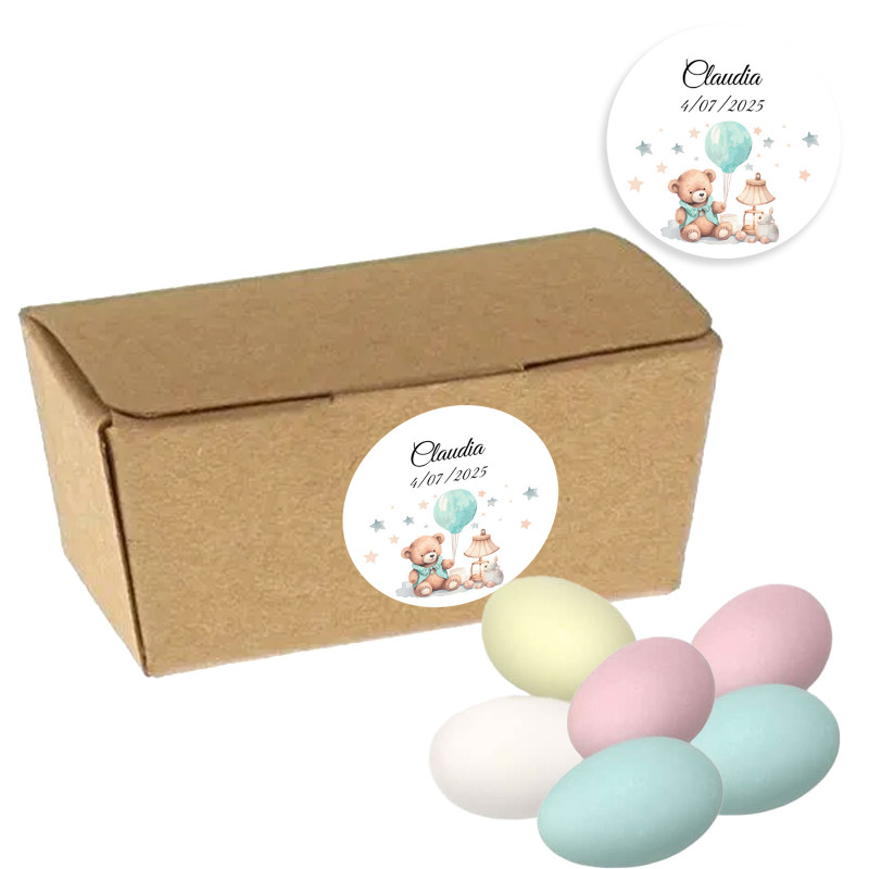 Peladillas de colores en caja de cartón kraft con adhesivo especial personalizable para bautizos