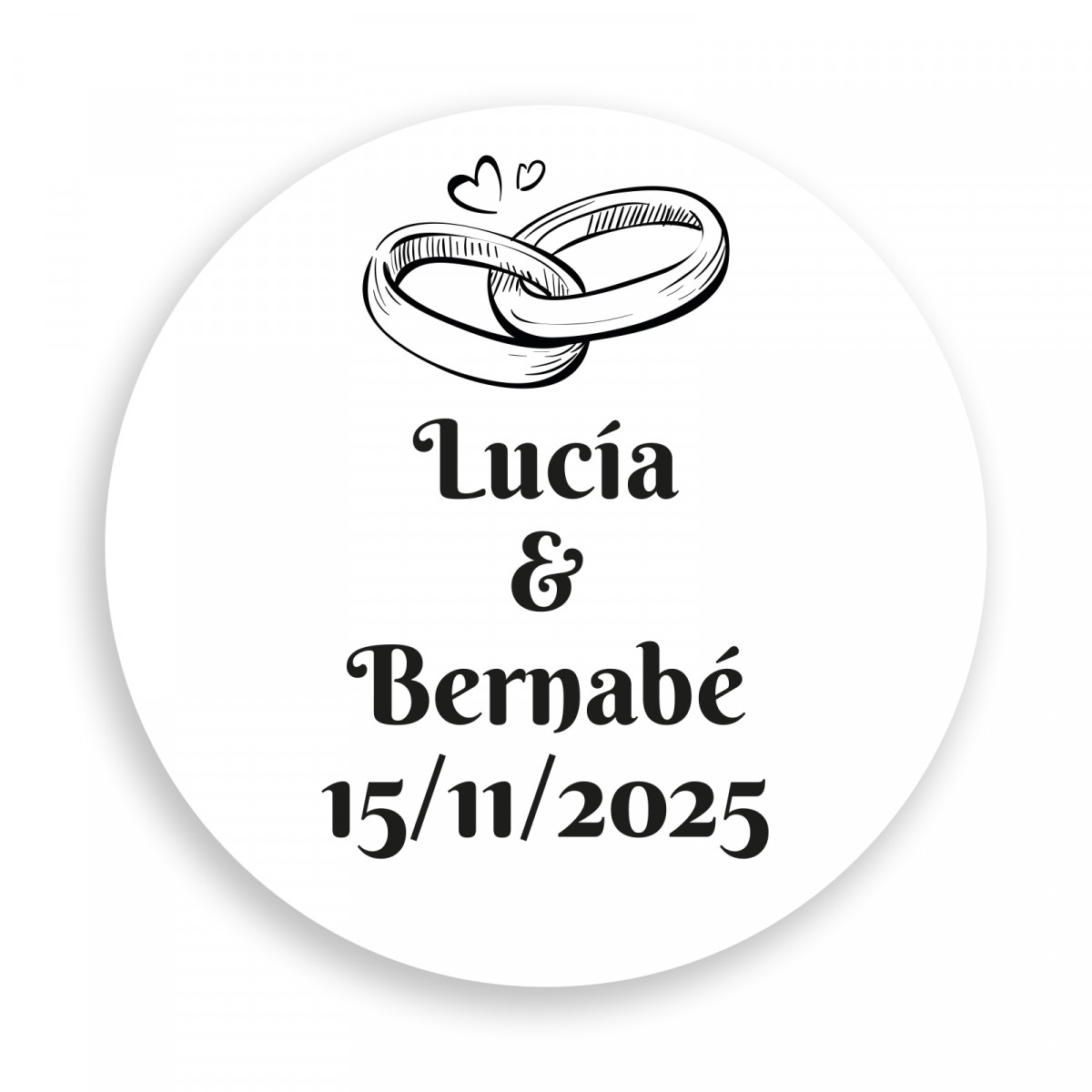 Adhesivo de boda personalizable 2cm con anillos fondo blanco