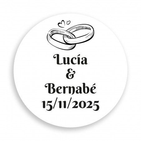 Adhesivo de boda personalizable 2cm con anillos fondo blanco