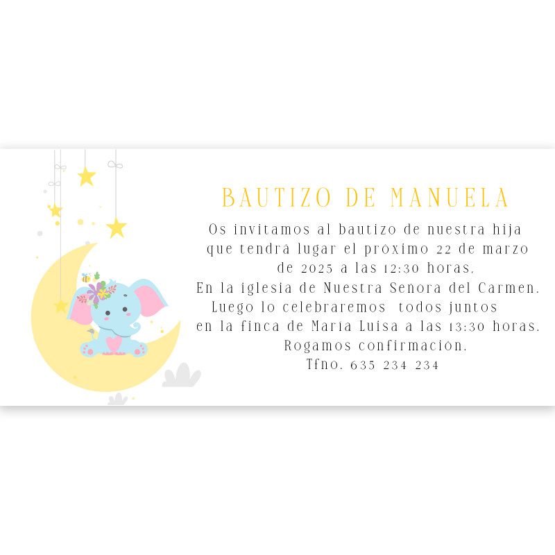 Invitación para bautizo diseño elefante con sobre blanco