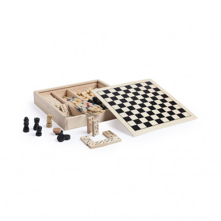 Set de juegos de mesa en caja de madera personalizada con adhesivo de Reyes Magos y bolsa kraft a juego