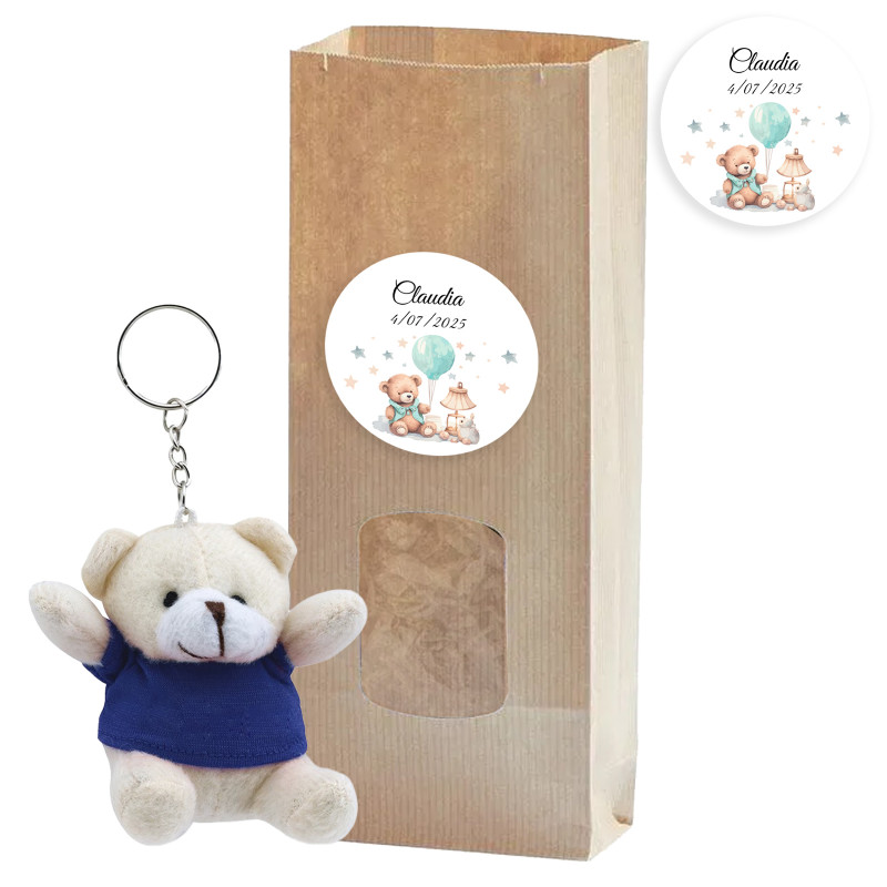 Llavero osito de peluche en bolsa de papel con ventana adhesivo personalizado para bautizos