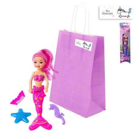 Muñeca sirena con accesorios en bolsa violeta con adhesivo de unicornio para cumpleaños y eventos