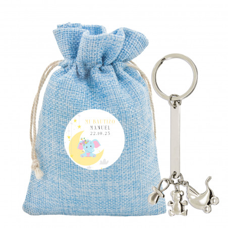 Llavero de bautizo con charms en bolsa de tela con adhesivo personalizado de bautizo con elefante