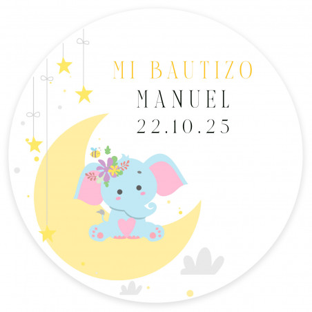 Llavero de bautizo con charms en bolsa de tela con adhesivo personalizado de bautizo con elefante