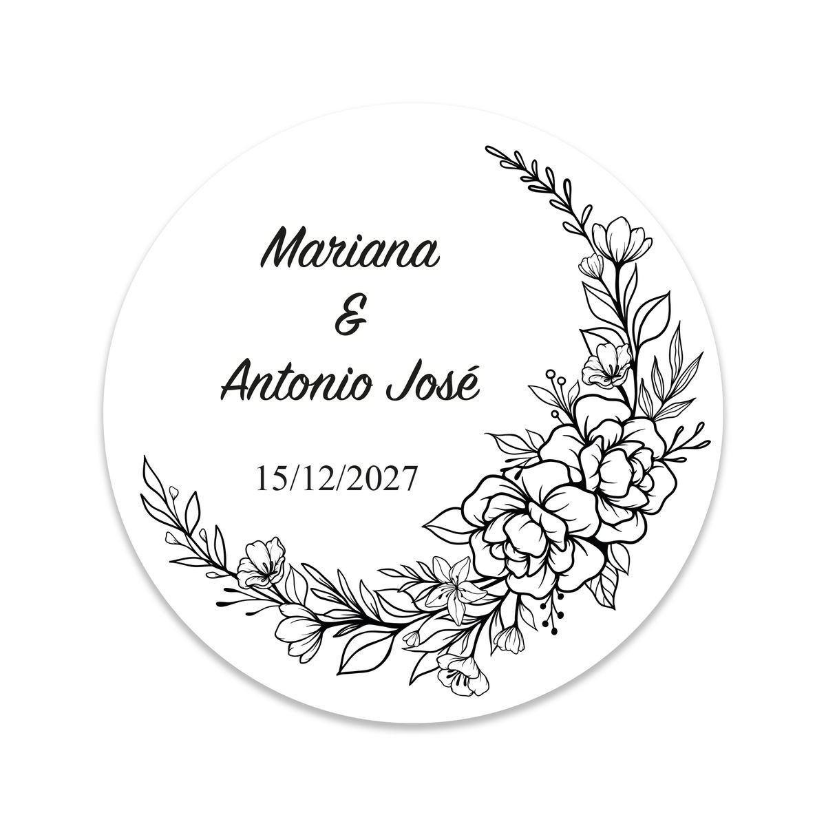 Adhesivo redondo 5cm personalizable marco de flores blanco y negro para bodas y eventos