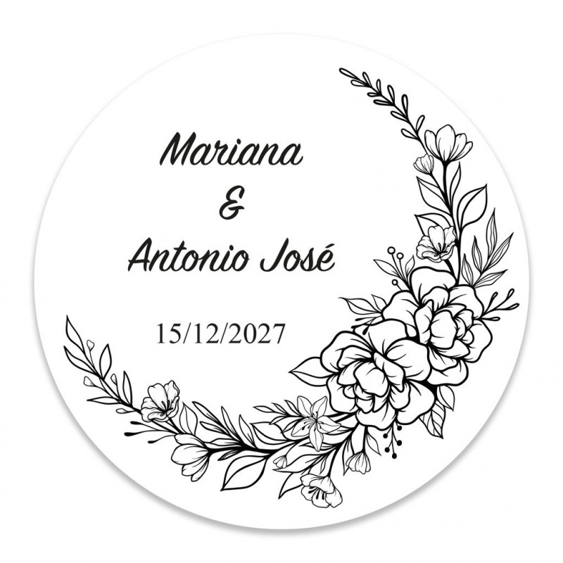 Adhesivo redondo 5cm personalizable marco de flores blanco y negro para bodas y eventos