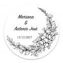 Adhesivo redondo 3cm personalizable marco de flores blanco y negro para bodas y eventos