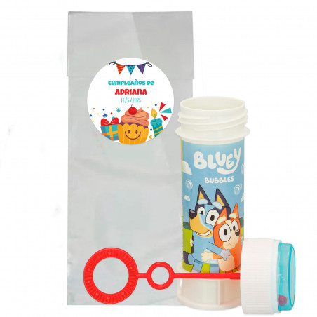 Pompero bluey en bolsa con simpático adhesivo de cumpleaños personalizable para detalles