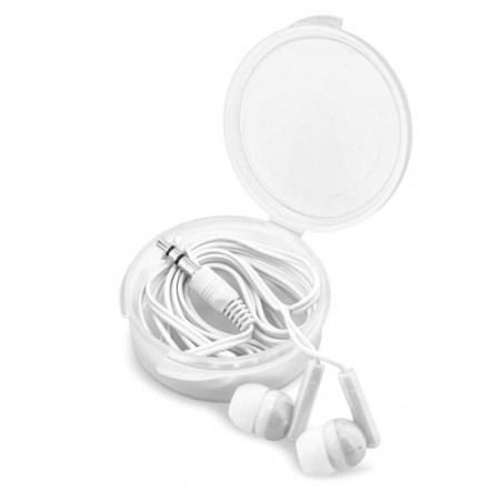 Auriculares en caja de pvc blanca con adhesivo de bautizo personalizado