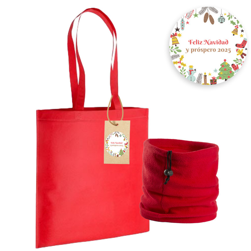 Braga polar roja en bolsa de asas largas a juego con etiqueta personalizada con adhesivo de navidad