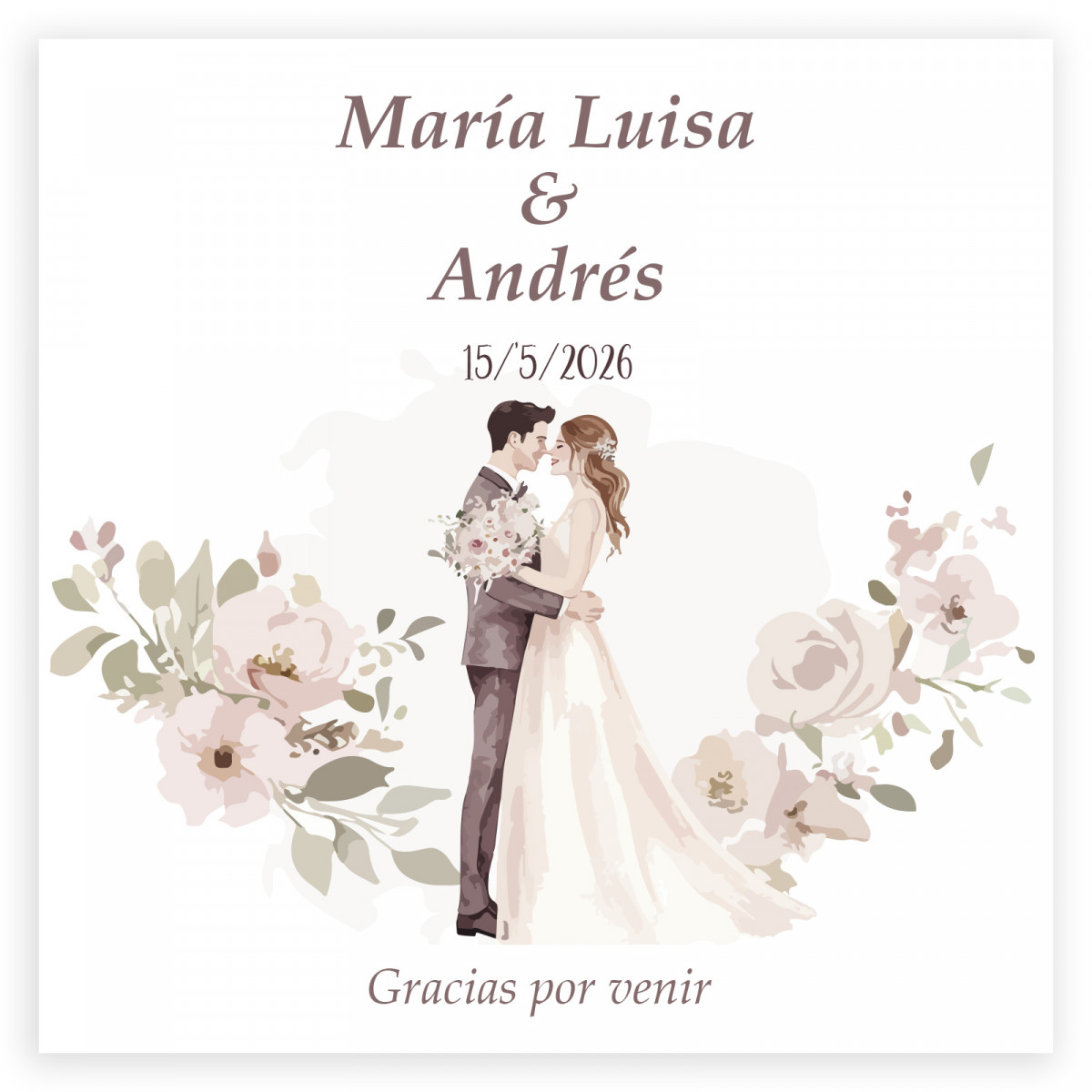 Tarjeta de agradecimiento personalizada 8x8 romántica con flores y novios para bodas