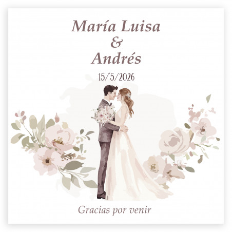 Tarjeta de agradecimiento personalizada 8x8 romántica con flores y novios para bodas