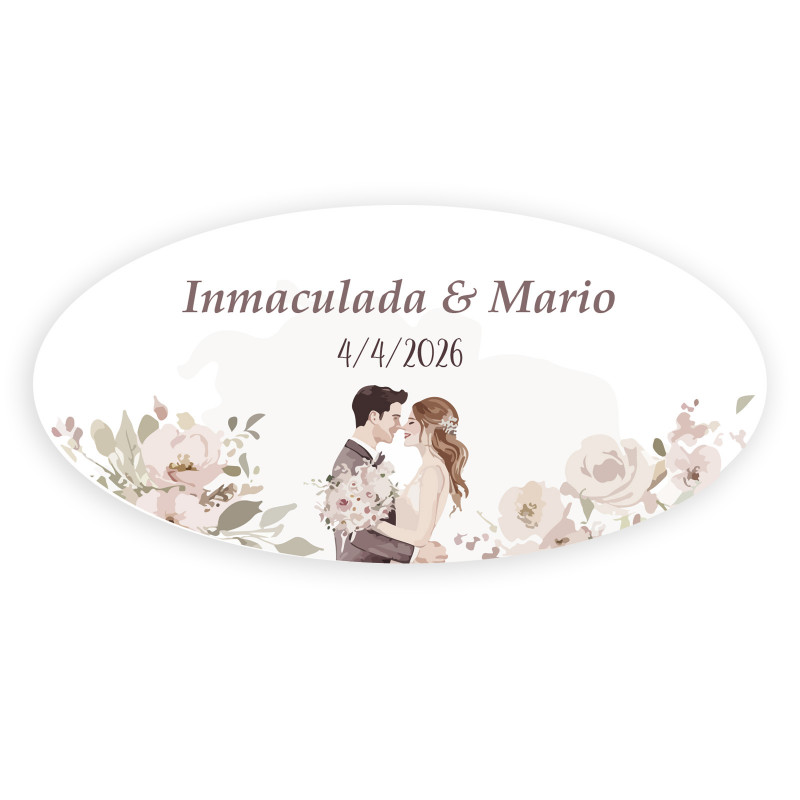 Adhesivo personalizado ovalado novios besándose rodeados de flores para bodas