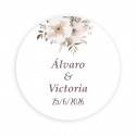 Adhesivo personalizado 2cm fondo blanco flores pastel para Bodas y eventos