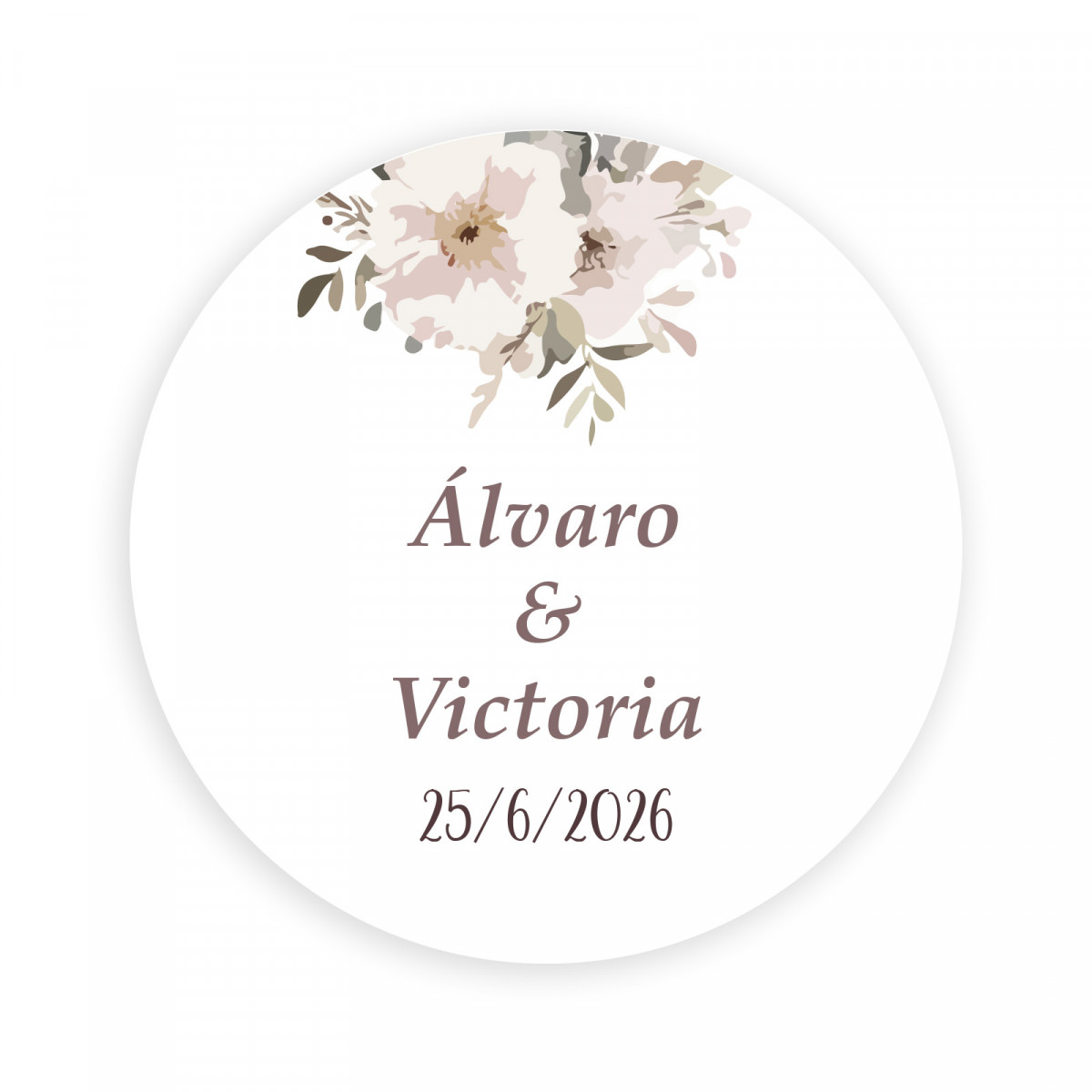 Adhesivo personalizado 2cm fondo blanco flores pastel para Bodas y eventos