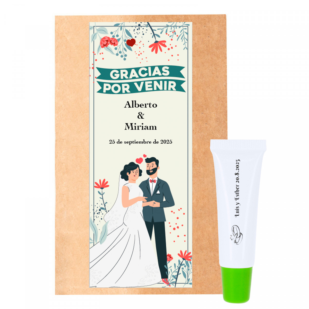 Brillo para labios personalizado en sobre kraft con adhesivo para bodas vertical personalizable