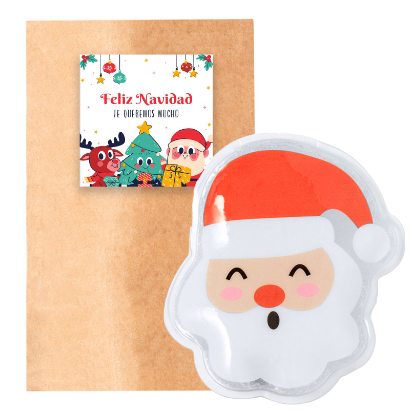 Calienta manos santa claus en sobre kraft con adhesivo navideño personalizable