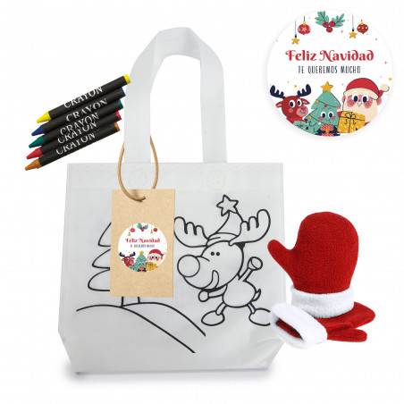 Bolsa para pintar de navidad con ceras de colores y manoplas infantiles personalizada con adhesivo de navidad y papá noel