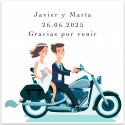 Tarjeta 8x8cm diseño novios sobre moto para detalles