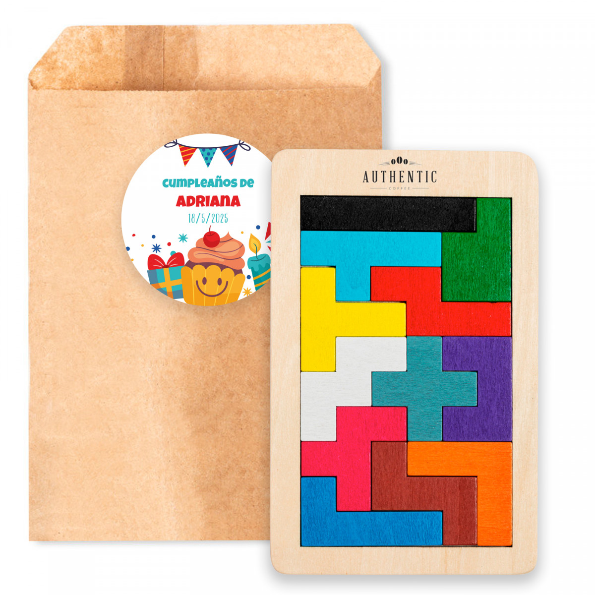 Tetris de madera en sobre kraft con adhesivo de cumpleaños personalizable para detalles