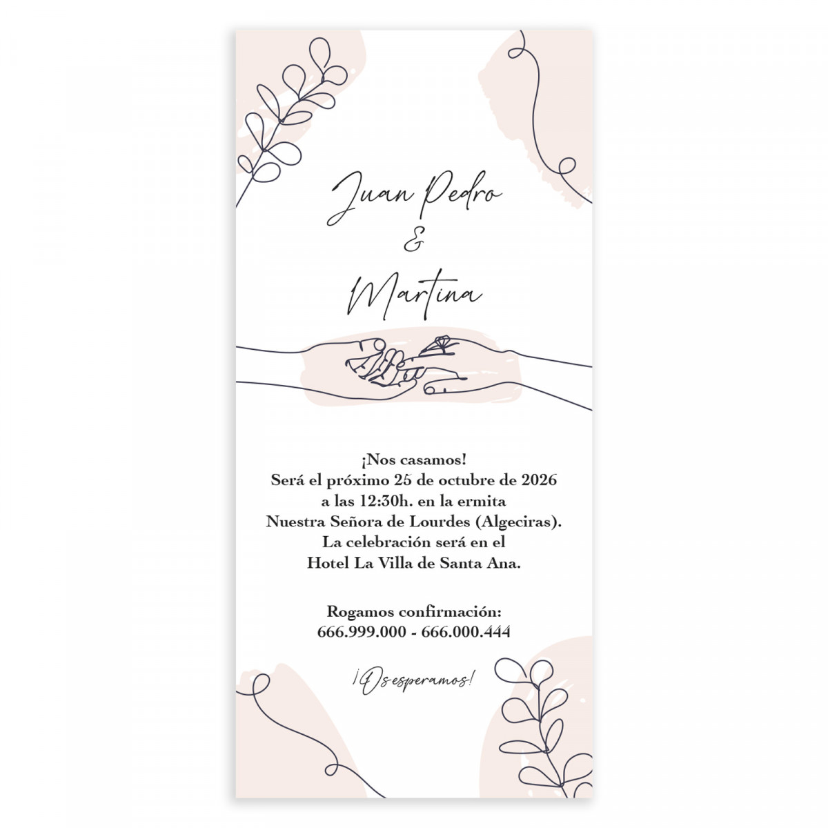 Invitación de boda tarjeta vertical con dibujos manuales de manos y elementos decorativos