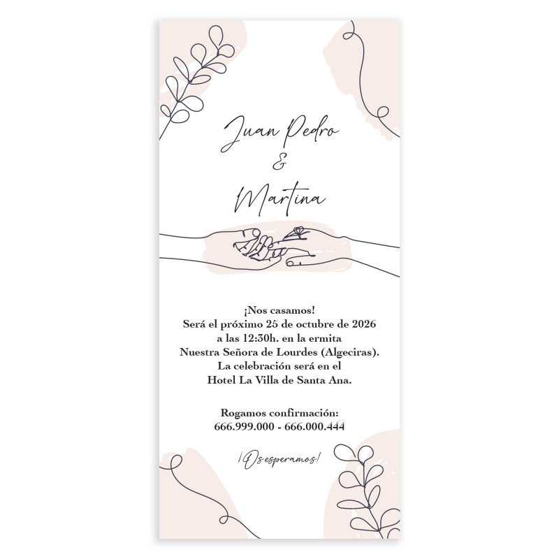 Invitación de boda tarjeta vertical con dibujos manuales de manos y elementos decorativos