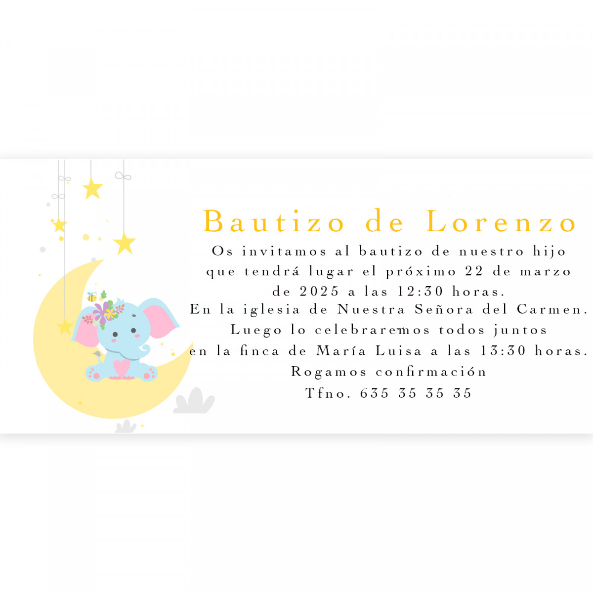 Invitación para bautizo diseño elefante con sobre blanco