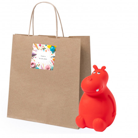 Hucha infantil en forma de hipopótamo con bolsa y adhesivo personalizado para regalar