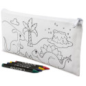 Dinosaurio de juguete en estuche para pintar a juego y ceras de colores con etiqueta personalizada para cumpleaños