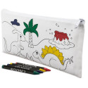 Dinosaurio de juguete en estuche para pintar a juego y ceras de colores con etiqueta personalizada para cumpleaños