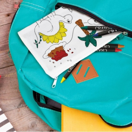 Dinosaurio de juguete en estuche para pintar a juego y ceras de colores con etiqueta personalizada para cumpleaños