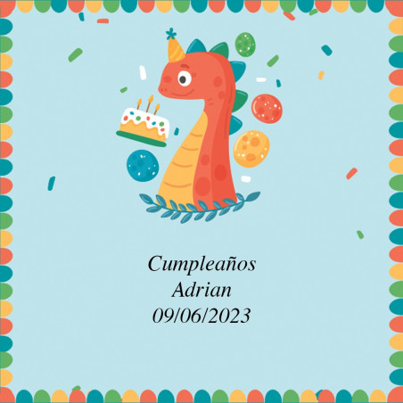 Dinosaurio de juguete en estuche para pintar a juego y ceras de colores con etiqueta personalizada para cumpleaños