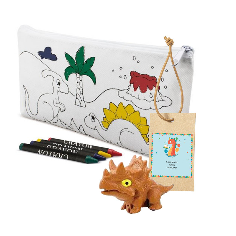 Dinosaurio de juguete en estuche para pintar a juego y ceras de colores con etiqueta personalizada para cumpleaños