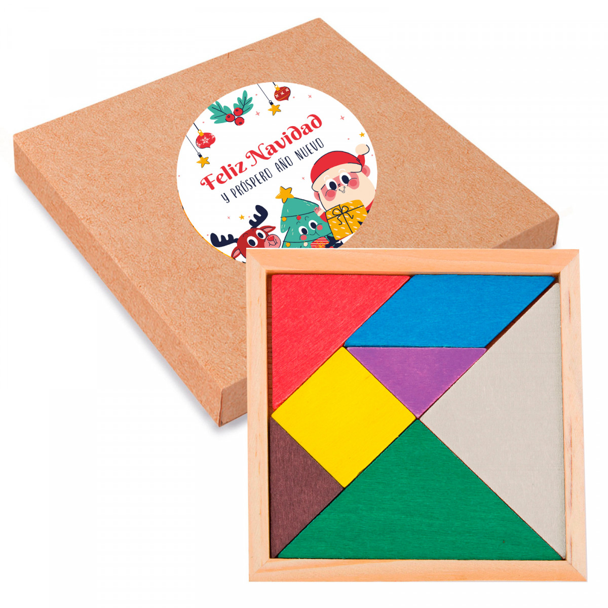 Puzzle de madera en caja con adhesivo navideño personalizable para detalles