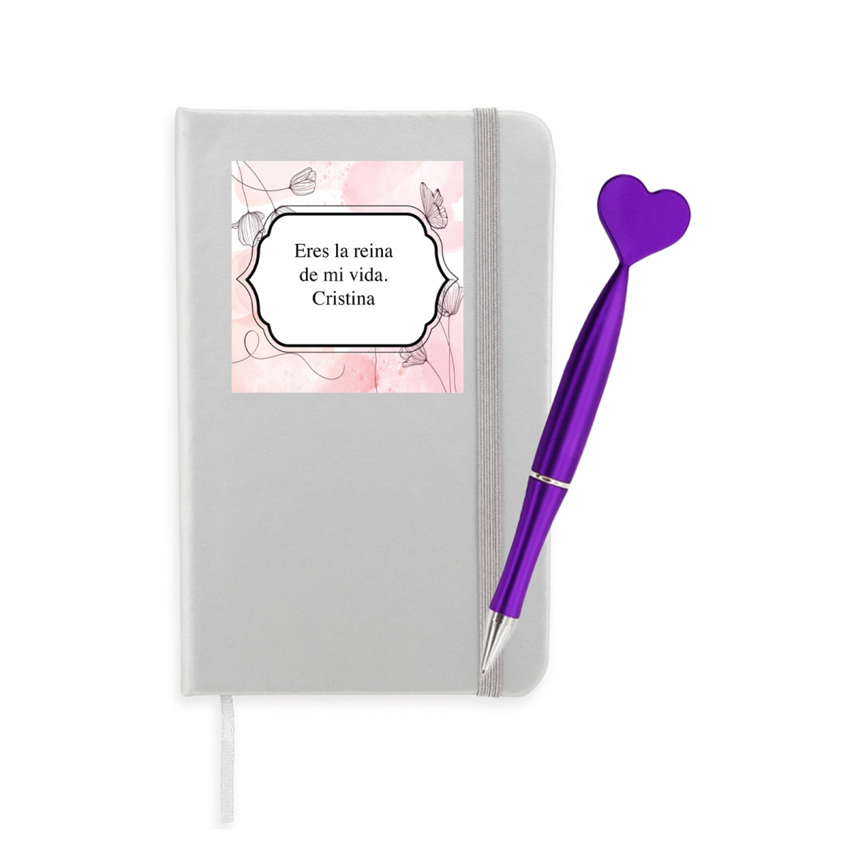 Bloc de notas plateado con adhesivo personalizado y boligrafo con corazón morado