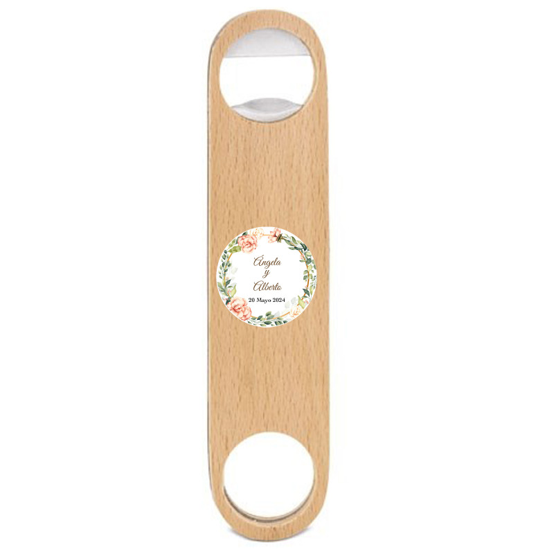 Abridor de madera personalizado con adhesivo floral