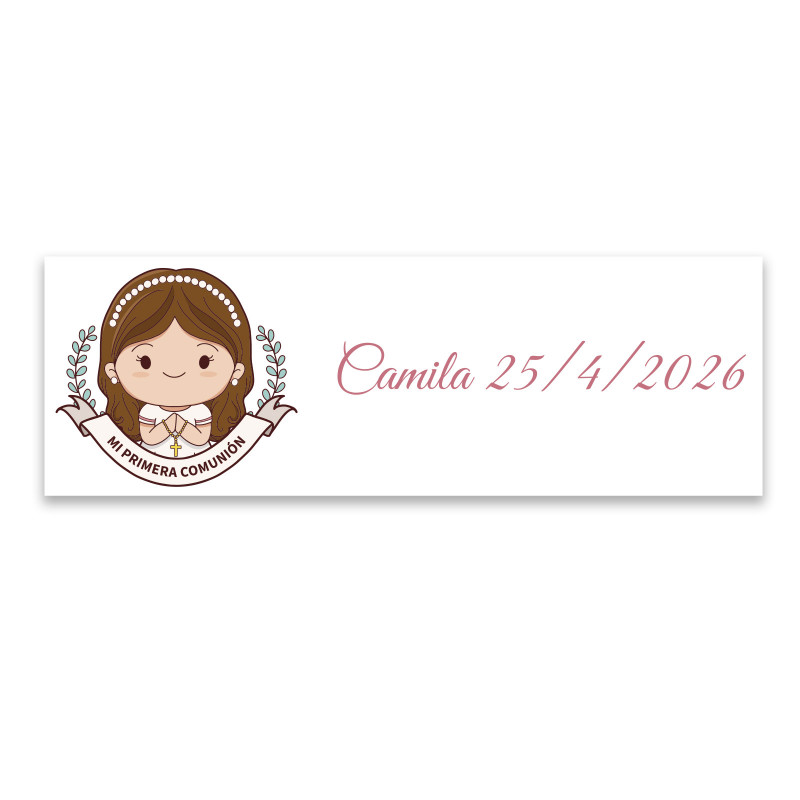 Adhesivo de comunión 6x2cm personalizado para niña