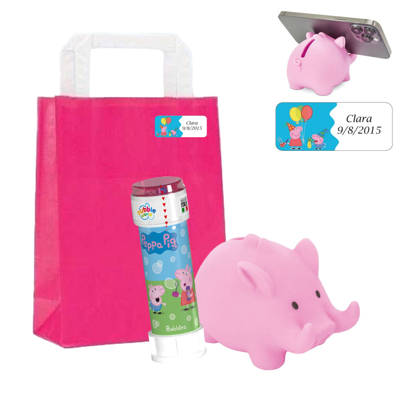 Hucha portamóvil con forma de jabalí rosa y pompero de Peppa Pig con bolsa a juego personalizada con adhesivo para cumpelaños