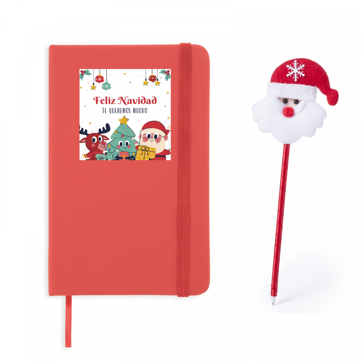 Libreta roja personalizada para Navidad con boligrafo de Papa Noel