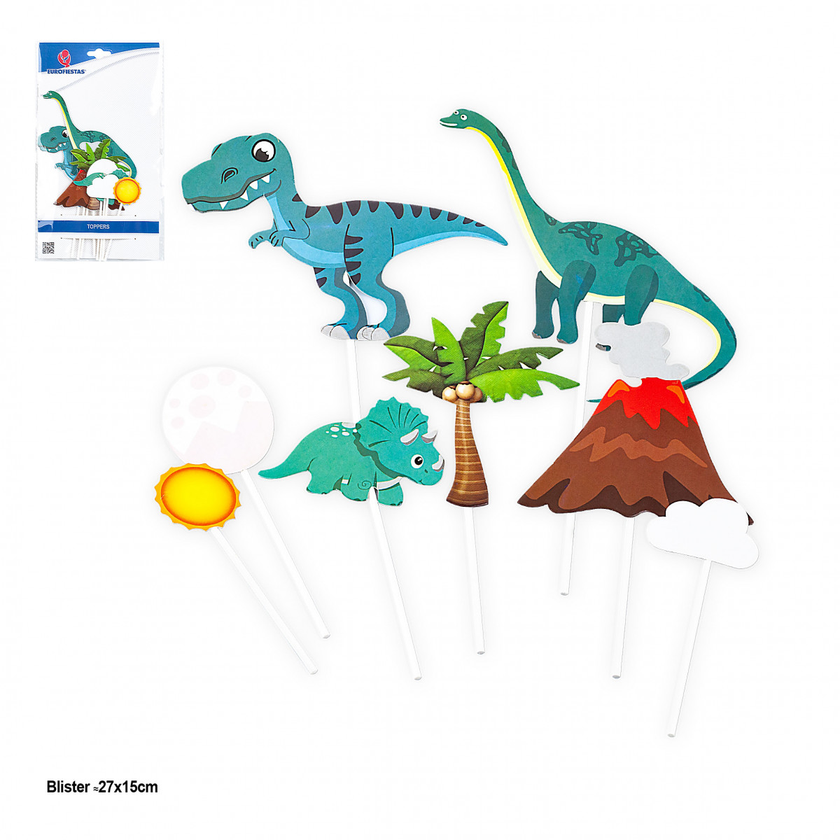 Topper para cumpleaños de dinosaurios en pack de 8 piezas