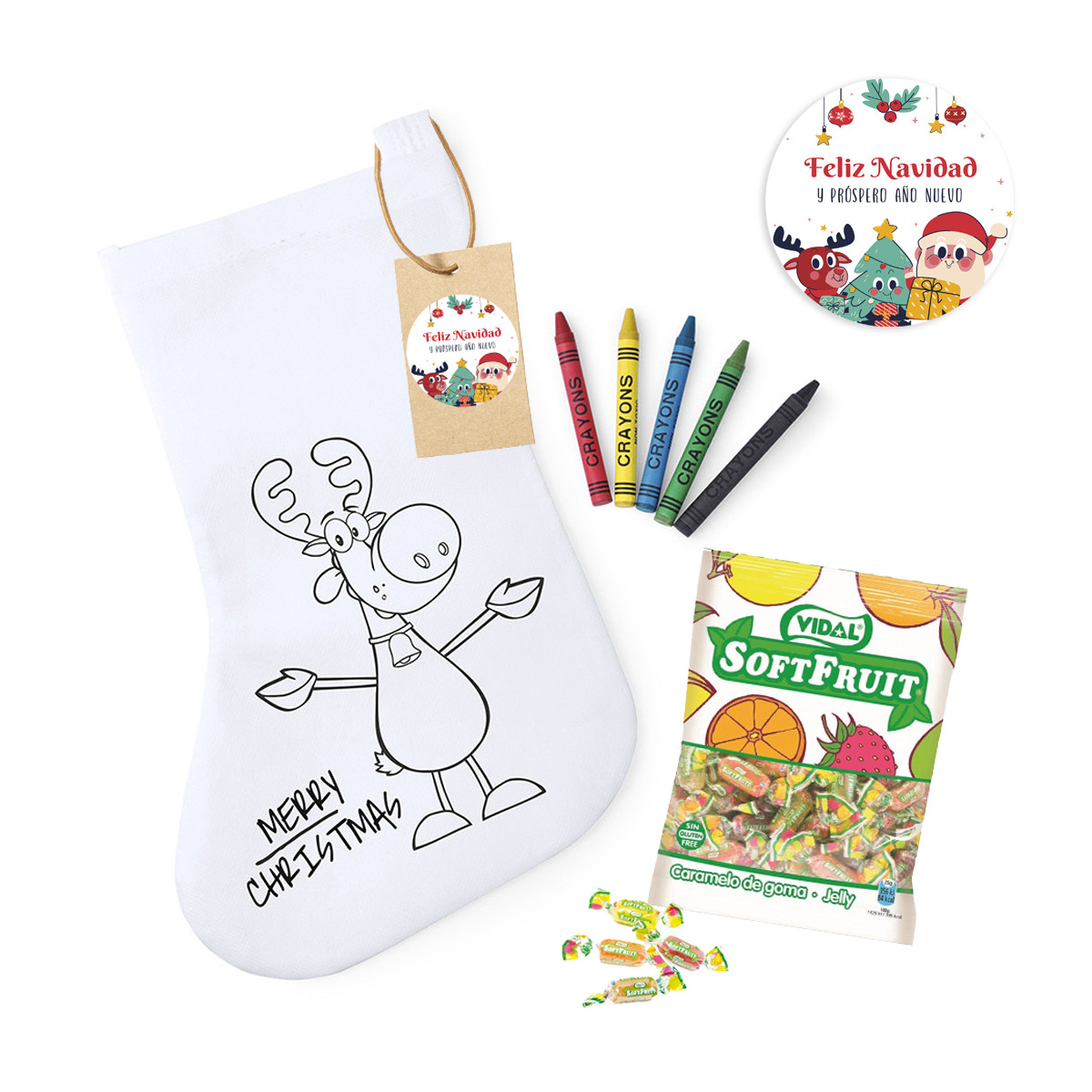 Calcetín de navidad para colorear personalizada con ceras y bolsa de caramelos detalle infantil Navidad