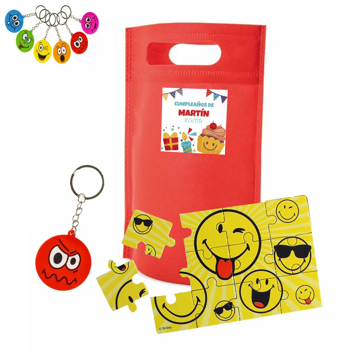 Llavero de emoji y puzzle de emoji con bolsa personalizada para cumpleaños